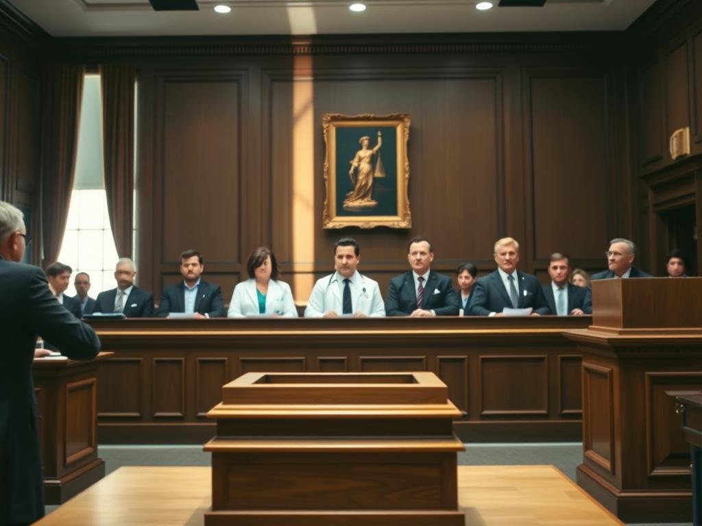 A well-lit courtroom scene with a raised judge's bench and a wooden podium in the foreground. In the middle ground, a panel of stern-faced lawyers and physicians engaged in a legal proceeding. The background features tall windows casting natural light and a wall-mounted portrait of Lady Justice. The overall atmosphere conveys the gravity and formality of due process, with a focus on the legal standards and best practices governing physician conduct and rights. A well-lit courtroom scene with a raised judge's bench and a wooden podium in the foreground. In the middle ground, a panel of stern-faced lawyers and physicians engaged in a legal proceeding. The background features tall windows casting natural light and a wall-mounted portrait of Lady Justice. The overall atmosphere conveys the gravity and formality of due process, with a focus on the legal standards and best practices governing physician conduct and rights.