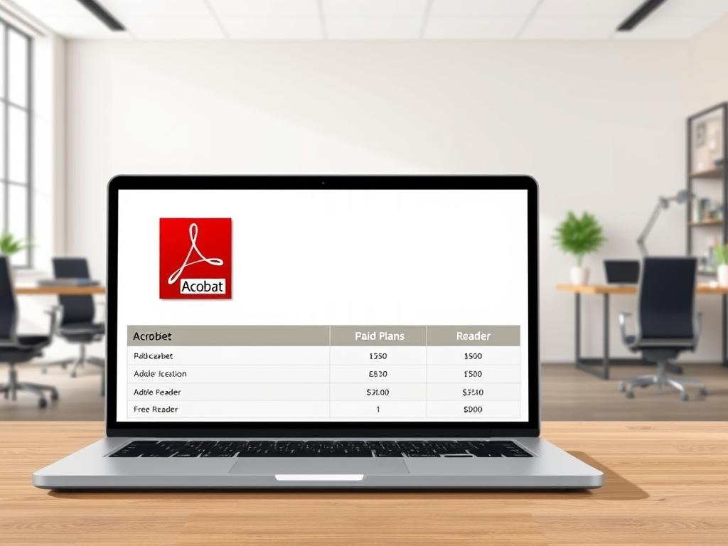A well-lit, high-quality digital illustration showcasing the pricing and licensing options for Adobe Acrobat and Adobe Acrobat Reader. In the foreground, a laptop display prominently features the Acrobat and Reader software icons, side by side. The middle ground depicts a table outlining the key features and costs of the Acrobat paid plans versus the free Reader version. The background features a subtle, minimalist office environment with desks, chairs, and tasteful decor, establishing a professional, corporate atmosphere. The overall composition and color palette convey a sense of clarity, balance, and attention to detail, highlighting the differences between the commercial Acrobat and the free Reader software.