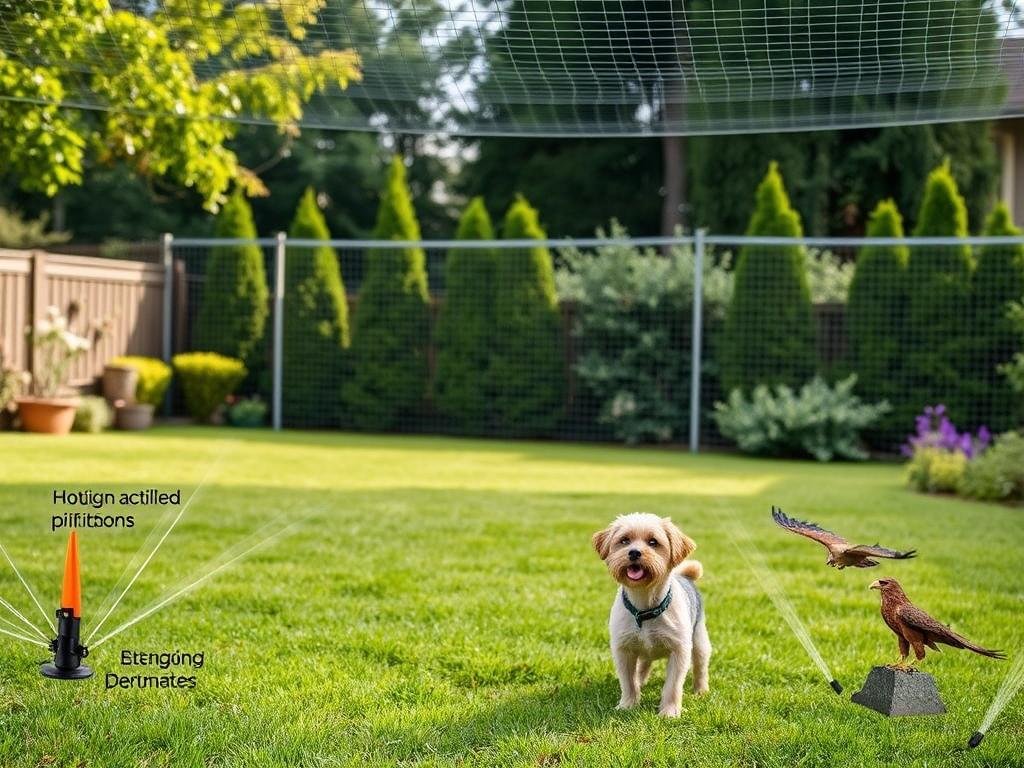 A well-lit outdoor scene featuring a small dog standing in a lush green yard. In the foreground, various hawk deterrents are visible, such as motion-activated sprinklers, hanging reflective ribbons, and a strategically placed bird of prey decoy. The middle ground showcases a sturdy wire mesh fence or netting overhead, providing a physical barrier against aerial attacks. In the background, tall trees and shrubs offer natural cover and nesting sites for hawks, creating a balanced ecosystem. The overall mood is one of vigilance and protection, with the safety measures seamlessly integrated into the tranquil outdoor space.
