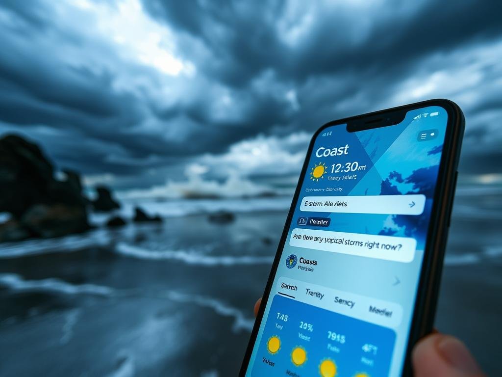 A wide-angle shot of a modern smartphone displaying the "Coast" weather app, with storm alerts and the "Are there any tropical storms right now?" search query in the foreground. The background shows a weathered beach scene, with crashing waves and a stormy sky filled with dark clouds. The lighting is dramatic, with a mix of natural and artificial illumination, capturing the tense atmosphere of an impending storm. The composition emphasizes the integration of technology and natural phenomena, underscoring the importance of such tools for the public during extreme weather events.