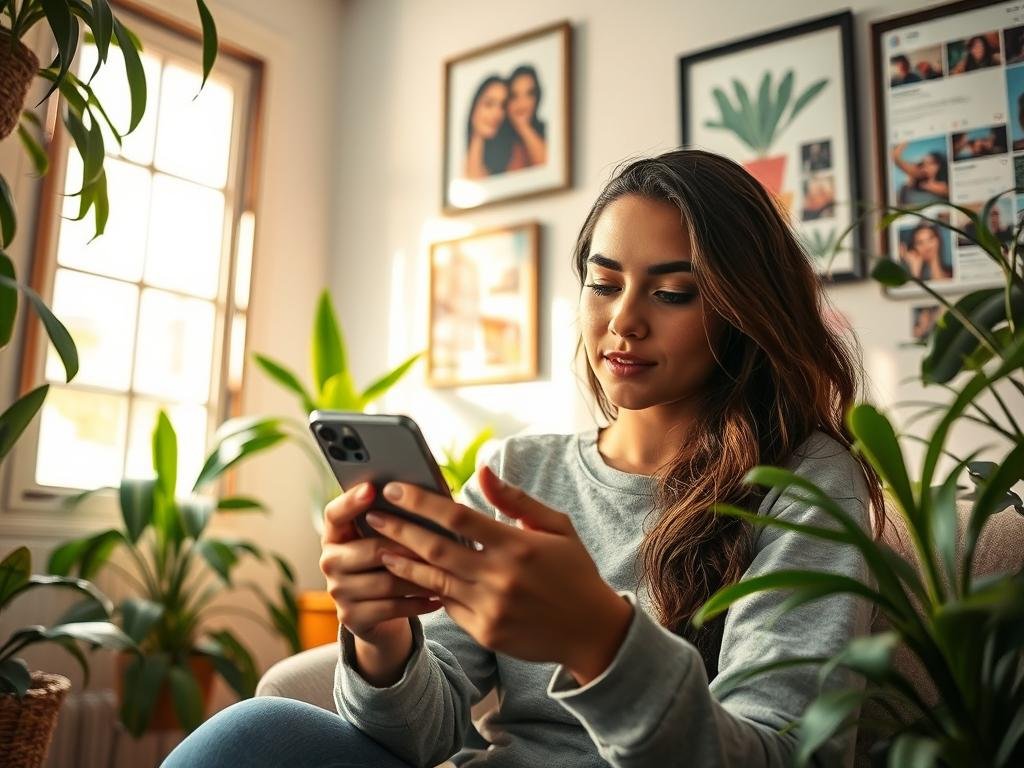 A young woman, Ali Spice, sits in a cozy, sun-drenched room, surrounded by vibrant houseplants and framed artwork. Her gaze is directed towards her phone, absorbed in the process of crafting engaging TikTok and Instagram content. The lighting is soft and diffused, casting a warm, inviting glow on her features. The camera angle is from a slightly elevated perspective, capturing her in a thoughtful, contemplative pose. In the background, a collage of colorful, dynamic social media posts and interactions hints at the impact and community she has built across these platforms. The overall atmosphere conveys a sense of creativity, authenticity, and the powerful connection between a social media creator and their audience.