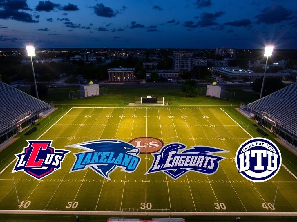 An aerial view of a football stadium at dusk, with four high school teams' logos and player silhouettes prominently displayed in the foreground. The field is illuminated by dramatic stadium lighting, casting long shadows across the turf. In the background, the cityscape of Lakeland, Edgewater, Gaither, and Tampa Bay Tech are visible, with their distinct architectural features. The atmosphere is one of anticipation and energy, as the FHSAA football playoffs are about to commence. The image conveys the significance of this moment, with the key teams and their storylines taking center stage.