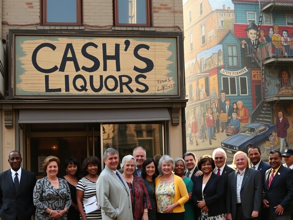 An aged, weathered storefront with a handpainted sign that reads "Cash's Liquors" stands proudly on a bustling city street. In the foreground, a group of smiling, diverse community members gather, dressed in their Sunday best, celebrating the legacy of the store's founder. Soft, warm lighting filters through the windows, casting a golden glow on the scene. In the background, a mural depicting vibrant scenes of the neighborhood's history and the founder's life adorns the side of the building. The overall atmosphere conveys a sense of enduring community, respect, and the passing of a cherished local icon.