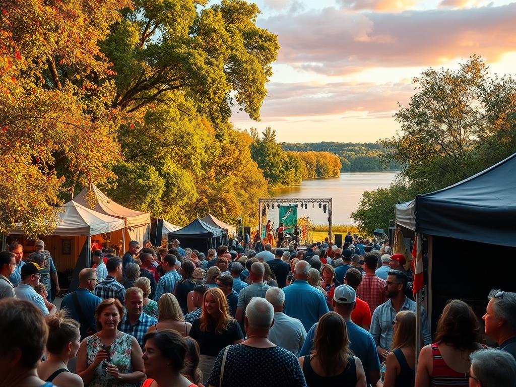 An idyllic autumn scene at the Mullet Festival in Florida, where the delay has enhanced the experience. In the foreground, a crowd of festivalgoers gathers, their faces aglow with anticipation as they savor local delicacies and browse artisanal stalls. The middle ground reveals a vibrant stage, where musicians perform against a backdrop of lush, verdant foliage, bathed in warm, golden light. In the distance, a serene lake reflects the vibrant hues of the sky, creating a sense of tranquility and harmony. The atmosphere is one of relaxation and celebration, as the delay has allowed the organizers to meticulously plan every detail, ensuring a truly memorable and immersive festival experience for all who attend.