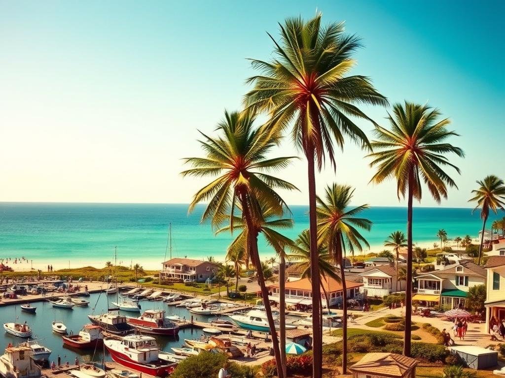 An idyllic seaside town emerges from a humble fishing village: A panoramic view of Destin, Florida in the early 20th century. In the foreground, a bustling harbor filled with colorful fishing boats and beachgoers strolling along the sandy shores. Towering palm trees sway gently in the warm, salty breeze. In the middle ground, quaint cottages and modest hotels dot the landscape, hinting at the town's burgeoning resort ambitions. The background reveals the striking emerald waters of the Gulf of Mexico, framed by a cloudless, azure sky. Soft, golden sunlight bathes the scene, evoking a serene, nostalgic atmosphere as Destin takes its first steps from fishing outpost to premier vacation destination. An idyllic seaside town emerges from a humble fishing village: A panoramic view of Destin, Florida in the early 20th century. In the foreground, a bustling harbor filled with colorful fishing boats and beachgoers strolling along the sandy shores. Towering palm trees sway gently in the warm, salty breeze. In the middle ground, quaint cottages and modest hotels dot the landscape, hinting at the town's burgeoning resort ambitions. The background reveals the striking emerald waters of the Gulf of Mexico, framed by a cloudless, azure sky. Soft, golden sunlight bathes the scene, evoking a serene, nostalgic atmosphere as Destin takes its first steps from fishing outpost to premier vacation destination.