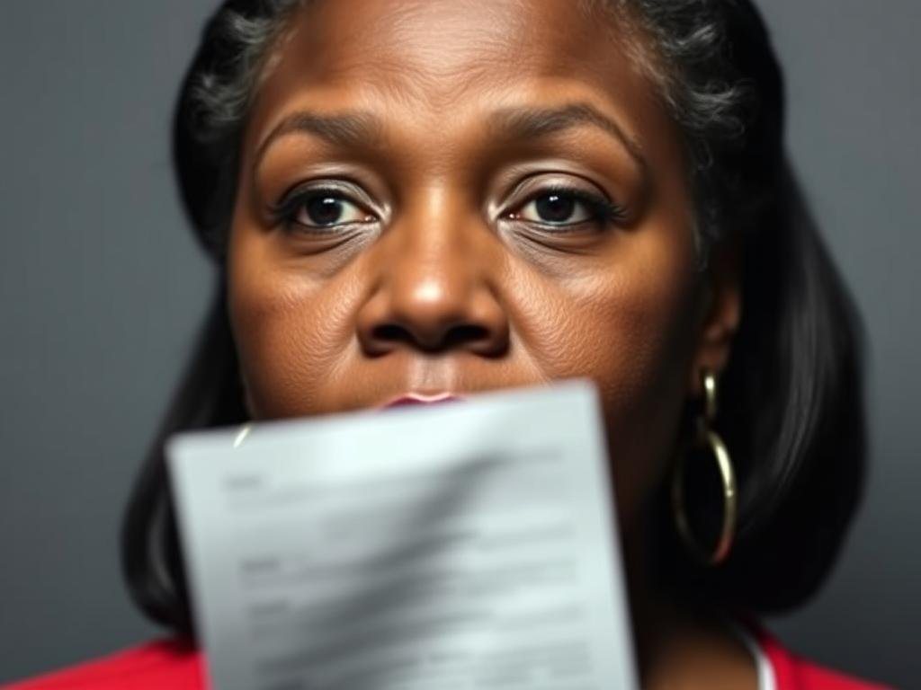 Defendant profile: A close-up headshot of Tykidra Leonard, a middle-aged African American woman, against a stark gray background. Her expression is somber, with a hint of defiance in her eyes. Soft, dramatic lighting illuminates the contours of her face, casting shadows that accentuate her features. The image conveys a sense of gravity and seriousness, reflecting the charges she faces. In the middle ground, a blurred legal document or court record appears, hinting at the specific charges and legal proceedings. The overall atmosphere is one of contemplation and the weight of the judicial system.