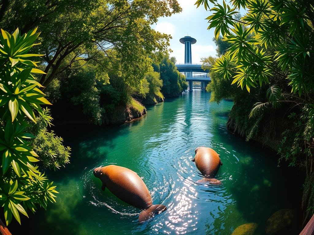 Detailed, panoramic view of the newly unveiled VyStar SkyScape and Manatee River Habitat at Jacksonville Zoo and Gardens. Lush, verdant foliage frames the scene, with a tranquil river winding through the center. Sunlight filters through the canopy, casting a warm, golden glow over the exhibit. Manatees gracefully glide through the crystal-clear water, their bulbous forms silhouetted against the rippling surface. In the distance, the sleek, modern architecture of the SkyScape observation deck rises, offering visitors a breathtaking vantage point to witness the natural habitat. The composition captures the harmonious coexistence of the built and natural environments, showcasing the zoo's commitment to conservation and environmental stewardship.
