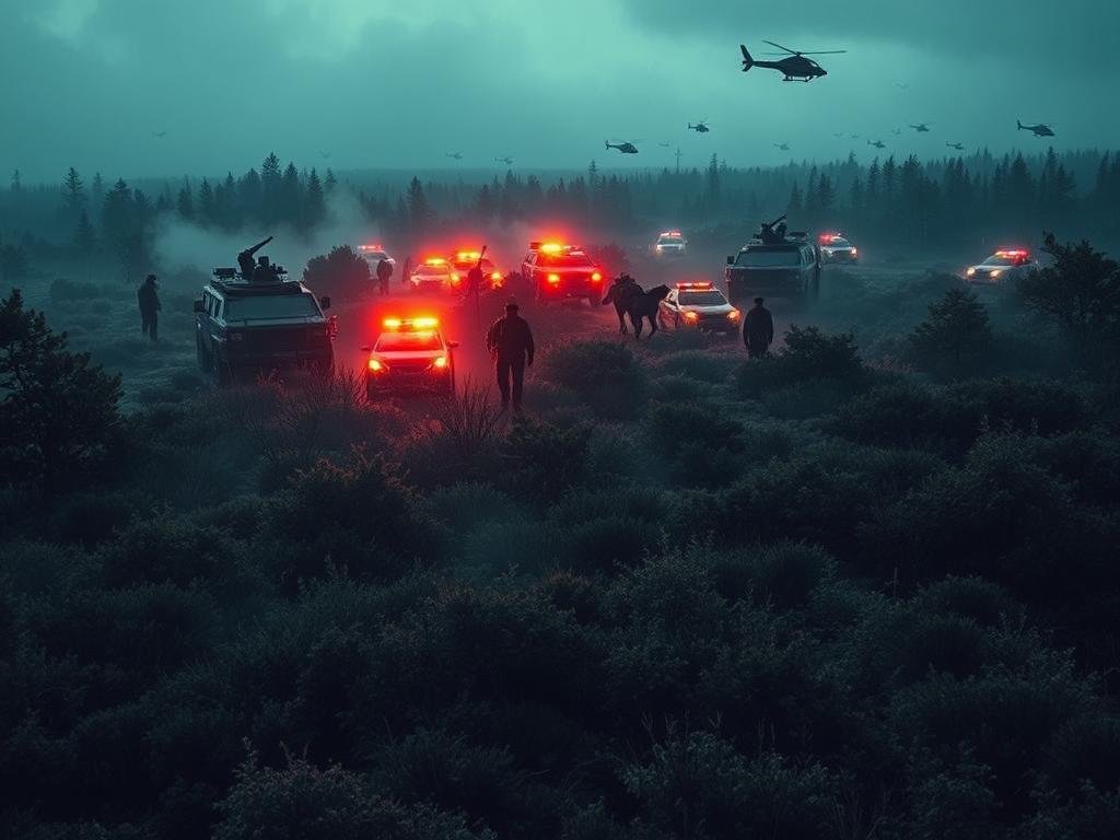 Expansive aerial view of an extensive multi-agency manhunt operation, with police, K9 units, and helicopters scouring a densely wooded, rugged terrain. In the foreground, officers with tactical gear and search dogs comb through the underbrush, while in the middle ground, flashing emergency lights and armored vehicles coordinate the search efforts. The background is shrouded in an ominous, overcast sky, adding to the intensity of the scene. The lighting is dramatic, with high contrast between the bright search lights and deep shadows, capturing the sense of urgency and danger. The overall mood is one of determination and grit as the authorities work tirelessly to apprehend the elusive target.