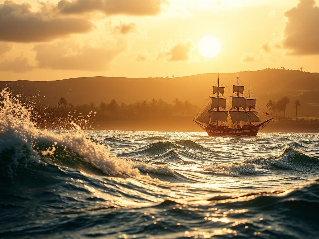 From the shores of Florida's earliest Native American settlements to the historic signing of its statehood, this image captures the pivotal journey. In the foreground, a dramatic seascape unfolds, with crashing waves and a sun-dappled horizon. In the middle ground, a colonial-era sailing ship approaches the coast, symbolizing the struggles for control and territorial disputes. The background depicts a lush, verdant landscape, dotted with palm trees and rolling hills, hinting at the natural riches that drew settlers and fueled the state's growth. The lighting is warm and golden, creating a sense of nostalgia and historical significance. The composition is balanced, with the ship and landscape working in harmony to tell the story of Florida's transformation from territory to statehood.