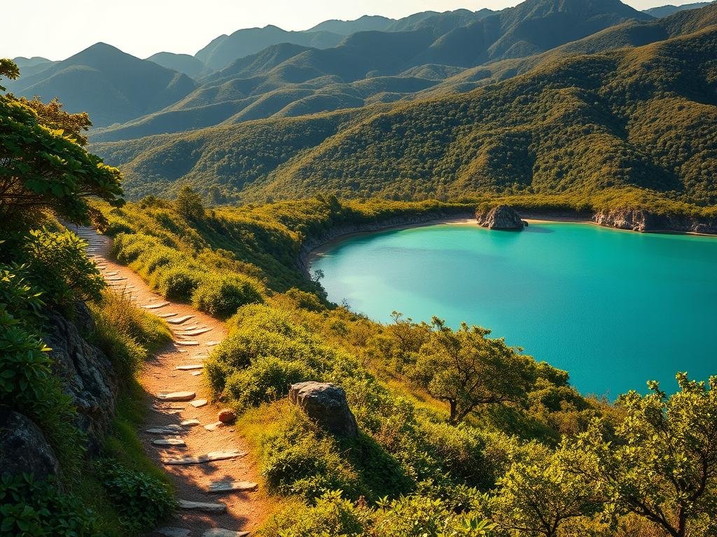 Hiking trails and walking paths wind through a lush, verdant landscape, leading to breathtaking lagoon overlooks. The foreground is dominated by a well-maintained, meandering trail, flanked by vibrant foliage and natural rock formations. In the middle ground, the trail opens up to reveal a shimmering, azure lagoon, its calm waters reflecting the surrounding hills and trees. The background features a dramatic, hilly terrain, with peaks and ridges that create a sense of depth and scale. The lighting is soft and natural, casting a warm, golden glow over the scene, evoking a serene and inviting atmosphere. The overall composition captures the essence of an idyllic outdoor adventure, perfect for exploring the wild charm of Jolee Island. Hiking trails and walking paths wind through a lush, verdant landscape, leading to breathtaking lagoon overlooks. The foreground is dominated by a well-maintained, meandering trail, flanked by vibrant foliage and natural rock formations. In the middle ground, the trail opens up to reveal a shimmering, azure lagoon, its calm waters reflecting the surrounding hills and trees. The background features a dramatic, hilly terrain, with peaks and ridges that create a sense of depth and scale. The lighting is soft and natural, casting a warm, golden glow over the scene, evoking a serene and inviting atmosphere. The overall composition captures the essence of an idyllic outdoor adventure, perfect for exploring the wild charm of Jolee Island.