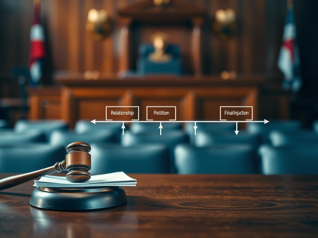 In a courtroom setting, illustrating the timeline of a complex legal process. Foreground features a wooden gavel and legal documents stacked neatly on a polished mahogany desk, symbolizing the petition's initiation. The middle ground shows a stylized flowchart displaying key milestones such as “Relationship”, “Petition”, and “Final Injunction” connected by arrows, artistically designed to reflect progression. The background features blurred images of a judge's bench and courtroom benches, suggesting a formal legal atmosphere. Soft, diffused lighting creates a serious and contemplative mood, while a slight upward angle towards the flowchart emphasizes its significance. The color palette consists of deep blues and earth tones, evoking professionalism and gravity. No human subjects are present, ensuring a focus on the timeline concept without distractions.