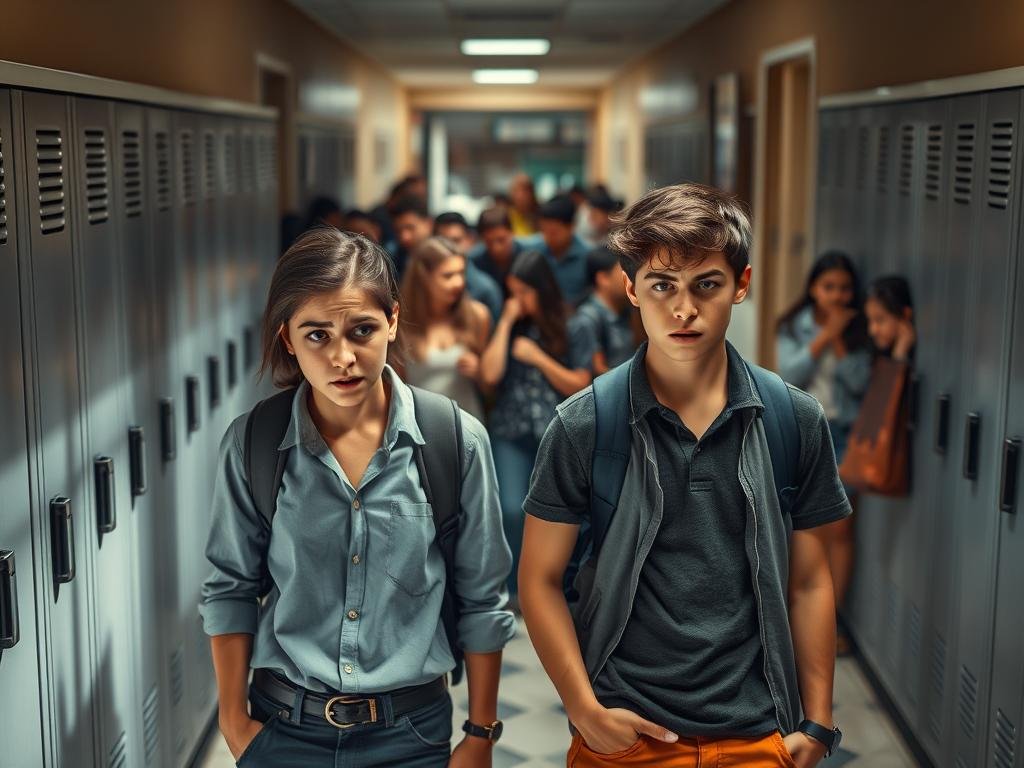 In a tense school hallway setting, a group of diverse adolescents gathers, showing visible expressions of conflict and concern. The foreground features two students in professional casual clothing, one looking anxious while the other appears defiant, symbolizing the motives behind school-related retaliation. In the middle ground, lockers are slightly ajar, with schoolbooks scattered, indicating disruption and unrest. The background captures a blurred scene of classmates whispering and casting judgmental glances, adding to the atmosphere of tension and secrecy. The lighting is dramatic, focused on the central figures with shadows looming to enhance the emotional gravity of the situation. The image conveys a mood of unease, highlighting the complexities of adolescent relationships within the school environment.