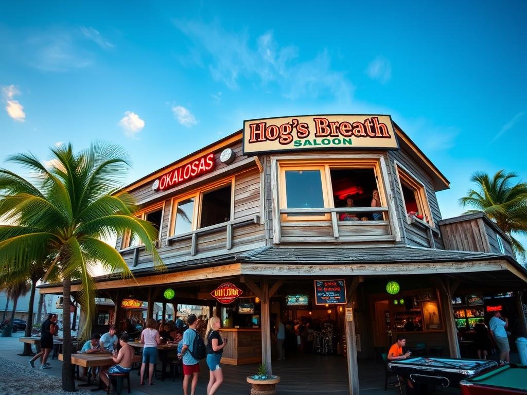 Okaloosa Island's Hog's Breath Saloon, a bustling beachside hangout, stands tall against the backdrop of swaying palm trees and a vibrant blue sky. The two-story building, with its weathered wood facade and neon signage, exudes a laid-back, coastal charm. Through the open windows, glimpses of teenagers socializing, sipping drinks, and listening to live music can be seen. The interior is dimly lit, creating an intimate atmosphere, with pool tables, dart boards, and a well-stocked bar visible. The scene is captured with a wide-angle lens, showcasing the lively atmosphere and the saloon's integration into the island's picturesque landscape. Okaloosa Island's Hog's Breath Saloon, a bustling beachside hangout, stands tall against the backdrop of swaying palm trees and a vibrant blue sky. The two-story building, with its weathered wood facade and neon signage, exudes a laid-back, coastal charm. Through the open windows, glimpses of teenagers socializing, sipping drinks, and listening to live music can be seen. The interior is dimly lit, creating an intimate atmosphere, with pool tables, dart boards, and a well-stocked bar visible. The scene is captured with a wide-angle lens, showcasing the lively atmosphere and the saloon's integration into the island's picturesque landscape.
