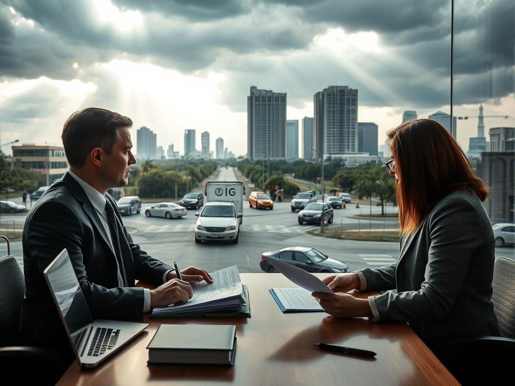 Photorealistic image of a car accident settlement process. In the foreground, a person in a business suit sits at a desk, reviewing paperwork and discussing terms with a person in casual attire, likely the accident victim. On the desk, a laptop, files, and a pen and paper. Behind them, through a window, a middle-ground scene of an intersection with damaged vehicles and emergency responders. In the background, a cityscape with towering office buildings under a dramatic, moody sky with rays of light breaking through the clouds, creating a sense of gravity and importance to the situation.