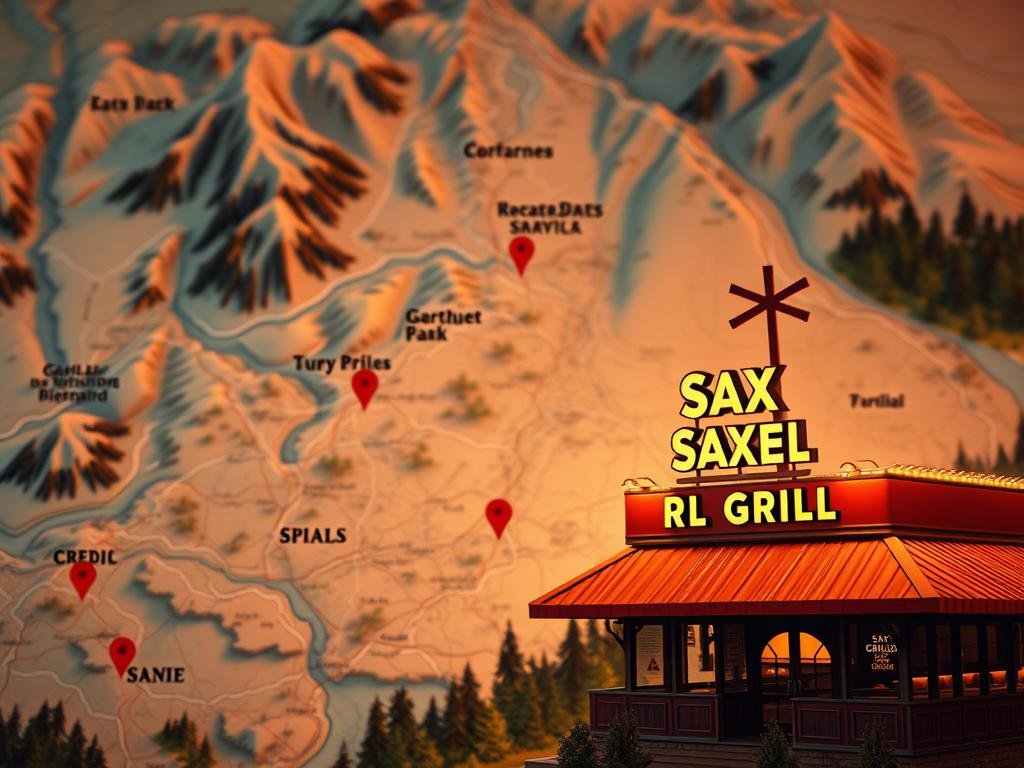 Prompt A detailed map of the region, showcasing the locations of the Sax Grille restaurants. The map is rendered in a realistic, topographical style, with mountains, forests, and rivers adding depth and context. In the foreground, a close-up view of the primary Sax Grille location, captured from an elevated angle, showcasing the restaurant's exterior, signage, and surrounding environment. The image is bathed in warm, golden lighting, creating a welcoming and appetizing atmosphere. The overall composition emphasizes the accessibility and convenience of the Sax Grille locations, inviting the viewer to plan their next visit to this beloved dining destination.