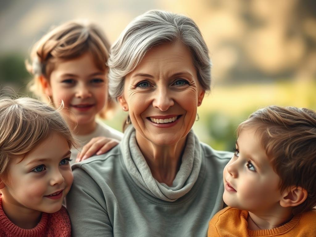 Serene portrait of a loving family: a middle-aged woman with kind eyes and warm smile, surrounded by three young children - two girls and a boy - gazing up at her with admiration. Soft, natural lighting illuminates their faces, creating an intimate, heartwarming atmosphere. The subjects are framed against a blurred, idyllic outdoor setting, perhaps a lush garden or a peaceful countryside. Composition emphasizes the close bond between the woman and her grandchildren, conveying a sense of comfort, security and cherished moments shared together.