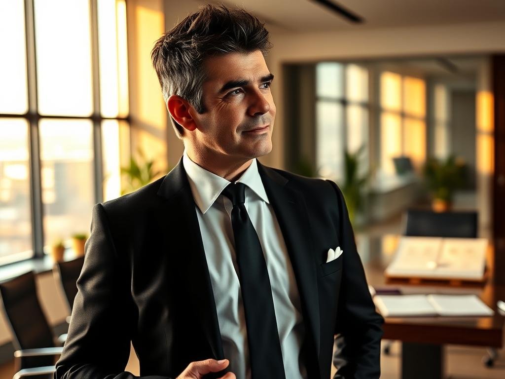 Simon Cowell in 2024, standing confidently in a modern, sleek office space. He is dressed in a sharp, tailored black suit with a crisp white shirt and a black tie, exuding professionalism and charisma. The foreground showcases a well-groomed Simon, with his iconic hairstyle, his expression contemplative yet assertive, reflecting his role as a music mogul. In the middle ground, there are subtle hints of project materials such as music sheets and artist portfolios on a polished desk, symbolizing his ongoing ventures. The background features large windows that let in warm, natural light, casting soft shadows that enhance the atmosphere of ambition and determination. The overall mood is reflective, signaling a moment of introspection amidst professional success.
