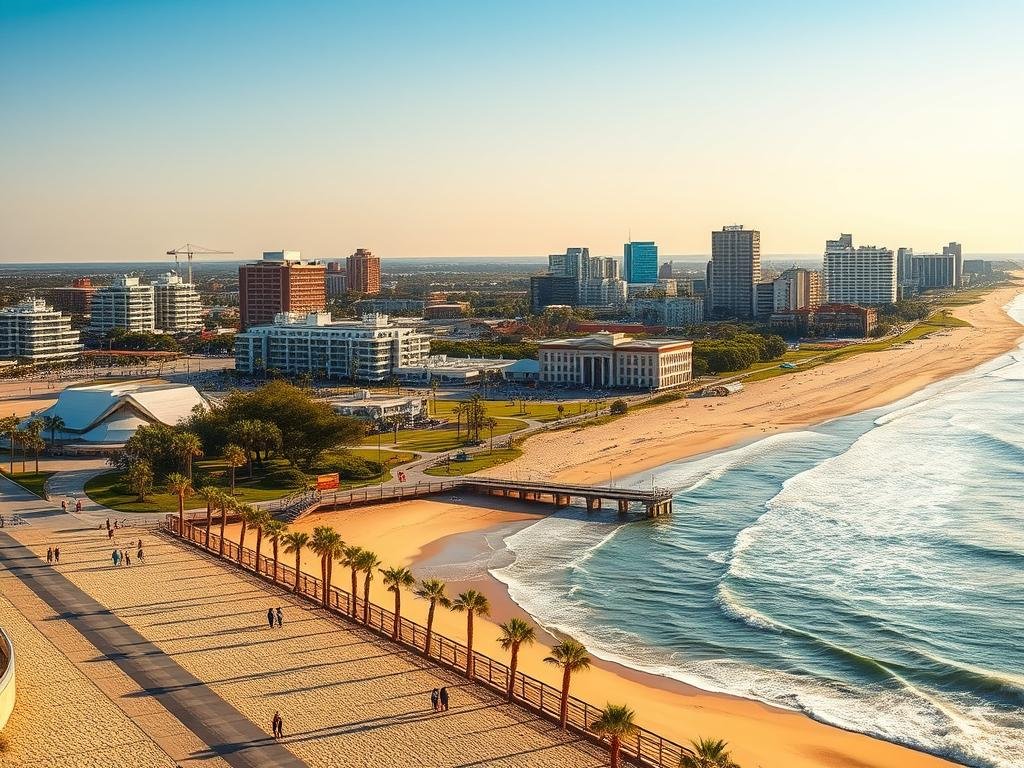 Vibrant coastal paradise: A panoramic view of sun-drenched Jacksonville beaches, their golden sands and rolling waves inviting visitors to bask in the warm, salty air. In the foreground, people stroll along the lively beachfront promenade, pausing to admire the majestic Atlantic Ocean. In the middle ground, iconic landmarks like the iconic Jacksonville Beach Pier and lush, palm-lined parks come into focus. The background showcases the bustling cityscape, with modern high-rises and historic buildings intertwined, reflecting the city's rich cultural heritage and thriving tourism industry. The scene is bathed in a soft, golden glow, creating a serene and welcoming atmosphere that captures the essence of Jacksonville's alluring coastal charm.