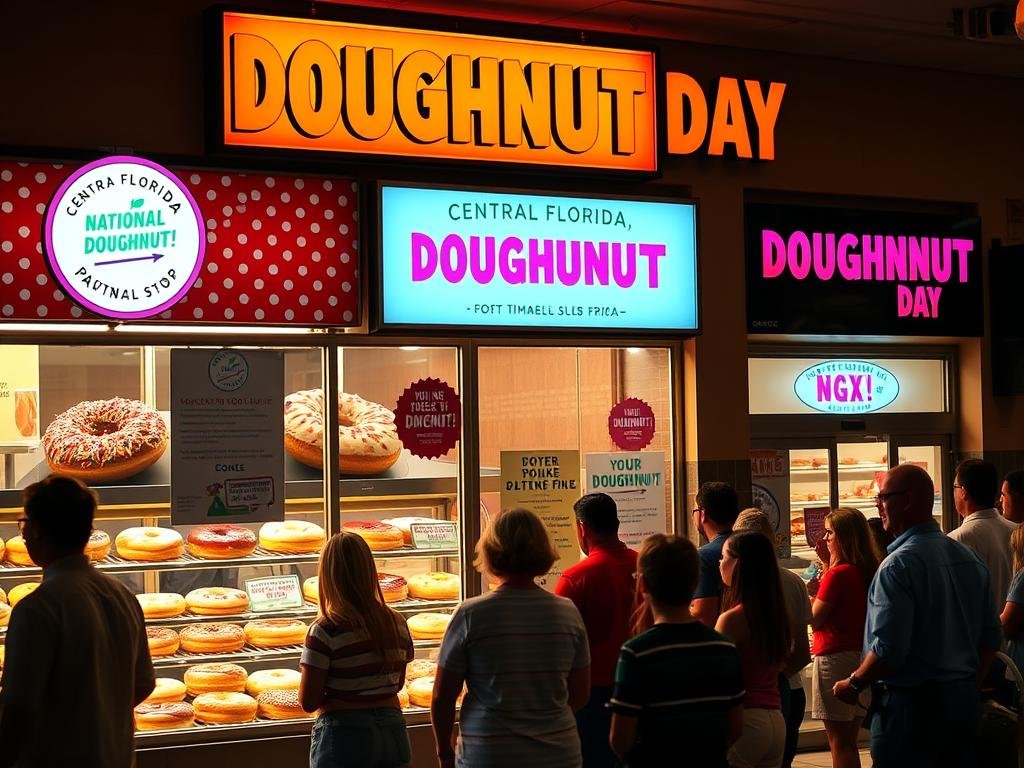 Vibrant storefronts of Central Florida's iconic doughnut shops, adorned with eye-catching National Doughnut Day promotions. Warm lighting illuminates the display cases, showcasing an array of decadent, freshly fried doughnuts in a rainbow of glazed, sprinkled, and jam-filled varieties. Patrons queue eagerly, their faces alight with anticipation, as they await their chance to indulge in these beloved local specialties. The scene evokes a sense of community, tradition, and the delectable, one-of-a-kind doughnut experiences that make this region so unique.