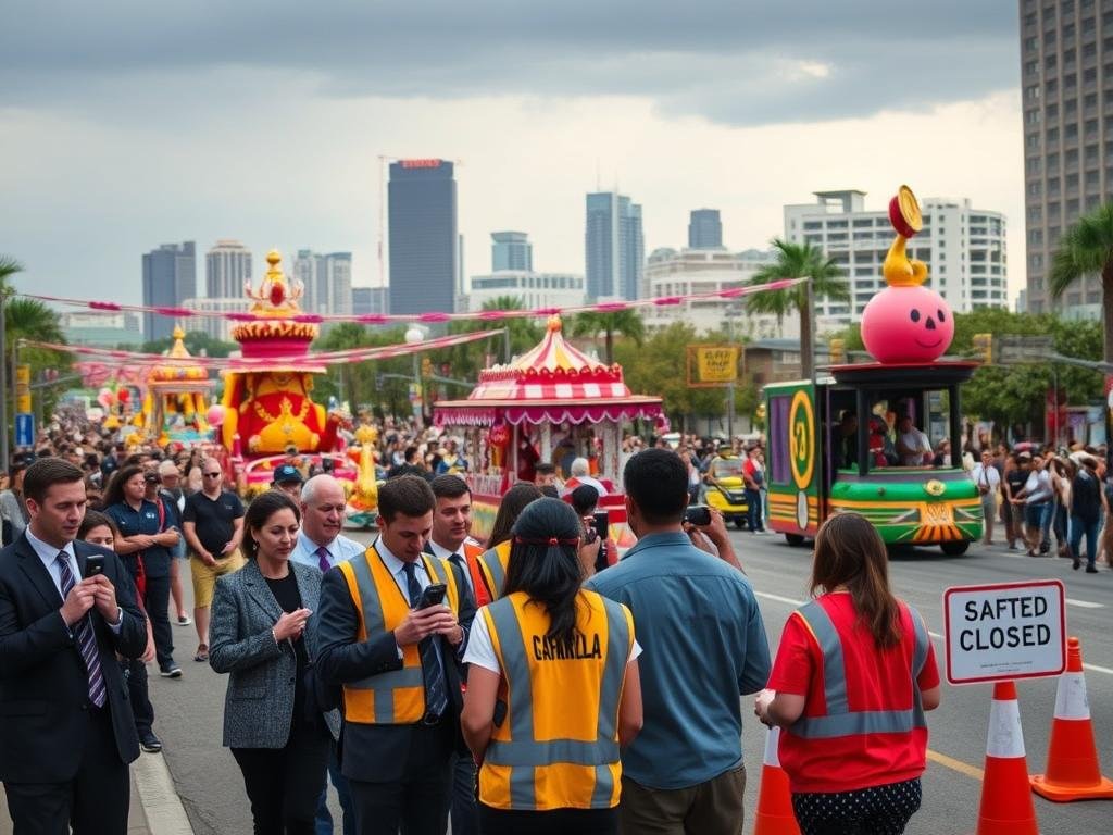 A bustling urban landscape during Gasparilla's festivities in Tampa, Florida, showcasing vibrant floats parading through the streets. In the foreground, a diverse group of people in professional business attire and modest casual clothing, engaged with safety equipment like walkie-talkies and traffic cones. The middle ground features lively crowds and colorful festoon decorations, while local authorities implement road closures with clear signs indicating safety measures. The background presents the iconic Tampa skyline under an overcast sky, hinting at an incoming weather front. Soft, diffused lighting creates a slightly ominous yet vibrant atmosphere, emphasizing preparedness and community engagement as they enjoy the parade. The image captures the spirit of safety awareness during this festive event without any text or watermarks.