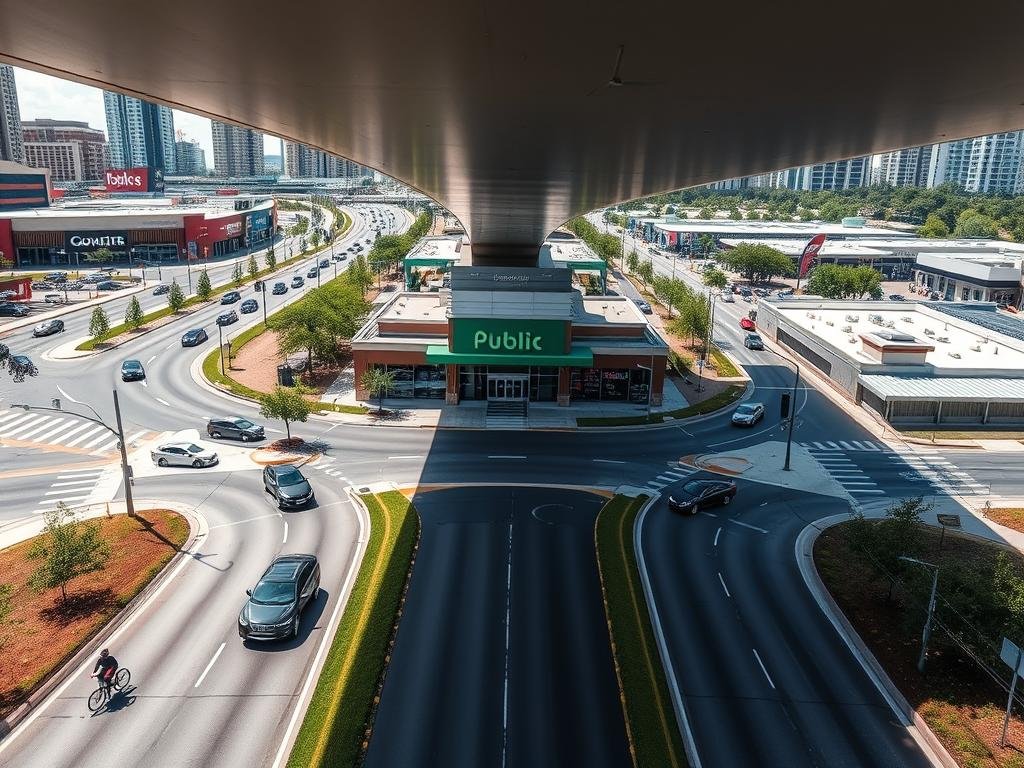 A bustling urban scene showcasing an overpass road that intersects with key growth corridors in Wesley Chapel. In the foreground, a well-maintained road leads smoothly under the overpass, with vehicles and cyclists demonstrating accessibility. The middle ground features a vibrant Publix store surrounded by modern retail outlets and green spaces, symbolizing economic growth. In the background, tall buildings and residential areas rise, hinting at further development. The scene is illuminated by bright, natural sunlight, casting soft shadows for depth. The perspective is slightly elevated, offering a bird's-eye view that captures the dynamism of urban expansion and community activity. The overall mood is optimistic and lively, representing the potential of the area.