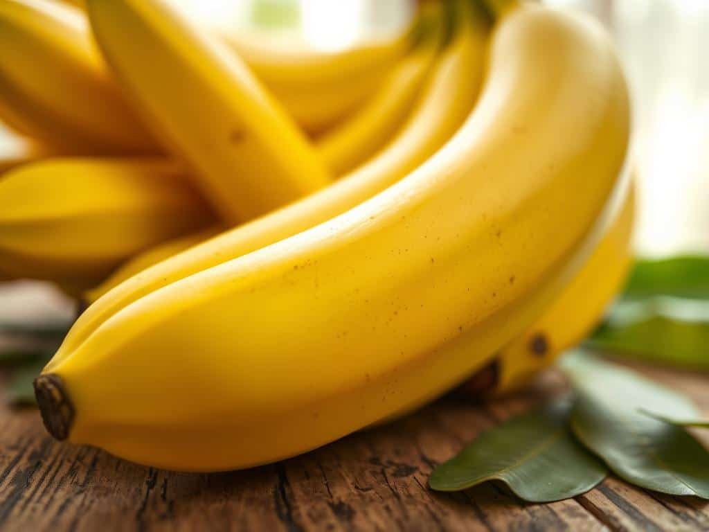A close-up image of a bunch of ripe bananas, showcasing their vibrant yellow color with slight speckles and an inviting, glossy sheen. The foreground features one banana partially peeled, emphasizing freshness and quality. In the middle ground, a rustic wooden table serves as a contrasting base, with a few scattered banana leaves adding a natural touch. In the background, soft, diffused sunlight filters through, creating gentle highlights and shadows that enhance the texture of the bananas. The atmosphere is warm and inviting, suggesting freshness and quality. The overall composition focuses on the richness and appeal of high-standard ingredients, evoking a sense of celebration and care in food selection. The angle is slightly tilted from above, making the bananas appear abundant and lively.