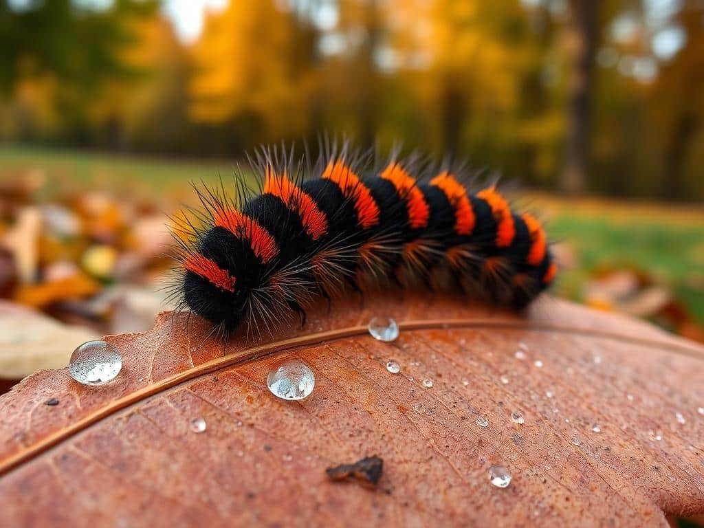 A close-up of a Woolly Bear caterpillar, its vibrant orange and black bands contrasting against a soft, blurred autumn landscape. In the foreground, the caterpillar crawls over a richly textured leaf sprinkled with morning dew, capturing fine details of its hairy body. In the middle ground, hints of colorful fallen leaves create an inviting, warm atmosphere, evoking the changing seasons. The background features a soft-focus view of a tree line transitioning from green to the golden hues of fall, bathed in gentle, diffused sunlight. Use a shallow depth of field for a dreamy effect, enhancing the mood of seasonal transformation and connection to nature’s cycles. The overall ambiance should feel serene and reflective, embodying the lore of weather predictions tied to the Woolly Bear.
