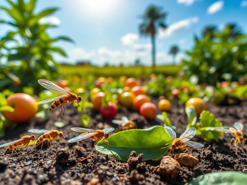 A close-up view of common types of gnats found in Florida homes and yards, featuring various species such as fungus gnats and fruit flies. In the foreground, a detailed depiction of several gnats with distinct colors and patterns, showcasing their delicate wings and slender bodies. In the middle ground, a vibrant garden scene with lush green plants, fruit, and damp soil to highlight the gnat habitats. The background includes a sunny Florida landscape with a clear blue sky and soft, diffused sunlight illuminating the scene, creating a warm and inviting atmosphere. Shot with a macro lens to capture intricate details, evoking curiosity and a sense of nature's hidden complexities. The overall mood is educational and engaging, ideal for enhancing the understanding of these small creatures. A close-up view of common types of gnats found in Florida homes and yards, featuring various species such as fungus gnats and fruit flies. In the foreground, a detailed depiction of several gnats with distinct colors and patterns, showcasing their delicate wings and slender bodies. In the middle ground, a vibrant garden scene with lush green plants, fruit, and damp soil to highlight the gnat habitats. The background includes a sunny Florida landscape with a clear blue sky and soft, diffused sunlight illuminating the scene, creating a warm and inviting atmosphere. Shot with a macro lens to capture intricate details, evoking curiosity and a sense of nature's hidden complexities. The overall mood is educational and engaging, ideal for enhancing the understanding of these small creatures.