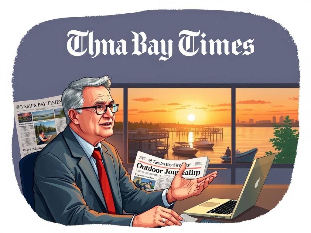 A collage-style illustration showcasing the career highlights of the Tampa Bay Times. In the foreground, a professional-looking middle-aged man in business attire, representing Terry Tomalin, is depicted passionately discussing outdoor journalism, positioned in front of a desk filled with newspapers and a laptop. The middle layer features iconic elements from the Times, including a newspaper with an outdoor section showcasing engaging images of nature and adventure stories. The background reveals a subtle glimpse of Tampa Bay's scenic waterfront, with a warm sunset casting a golden hue, symbolizing a vibrant life dedicated to storytelling. Soft, natural lighting focuses on the subject, creating an inspirational and reflective mood, aiming to celebrate a life well-lived in journalism. A collage-style illustration showcasing the career highlights of the Tampa Bay Times. In the foreground, a professional-looking middle-aged man in business attire, representing Terry Tomalin, is depicted passionately discussing outdoor journalism, positioned in front of a desk filled with newspapers and a laptop. The middle layer features iconic elements from the Times, including a newspaper with an outdoor section showcasing engaging images of nature and adventure stories. The background reveals a subtle glimpse of Tampa Bay's scenic waterfront, with a warm sunset casting a golden hue, symbolizing a vibrant life dedicated to storytelling. Soft, natural lighting focuses on the subject, creating an inspirational and reflective mood, aiming to celebrate a life well-lived in journalism.