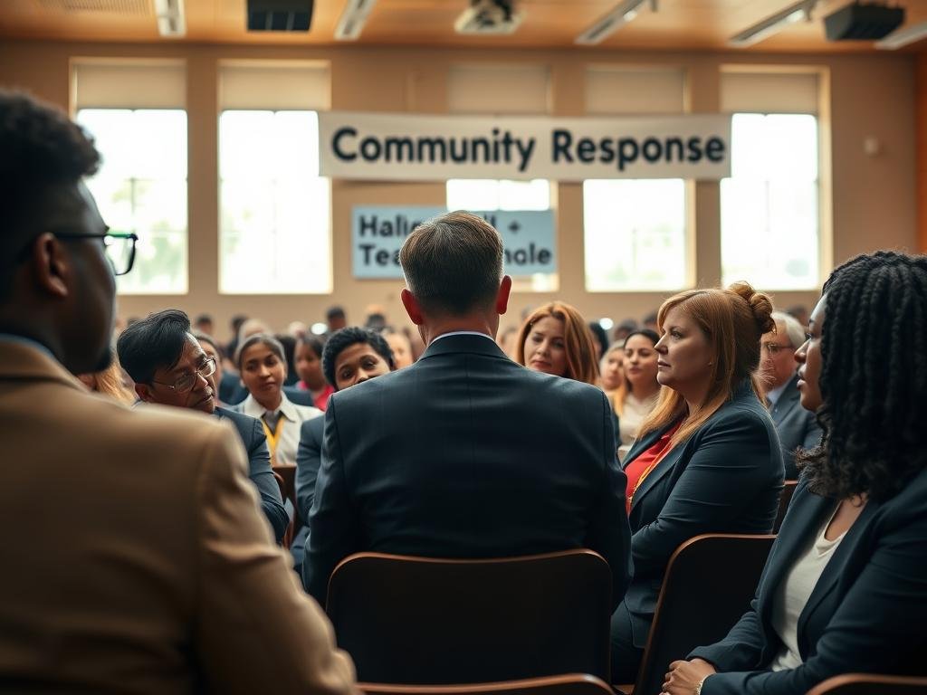 A community town hall meeting in a well-lit school auditorium as the foreground, showcasing diverse parents and educators dressed in professional business attire, attentively discussing a teacher’s recent accusations. In the middle, a heartfelt interaction between a concerned parent and a school district representative, conveying empathy and openness. In the background, large windows flooding the space with warm, natural light and a banner that subtly highlights “Community Response” without any text or overlays. The atmosphere is serious yet supportive, emphasizing unity and collaboration amidst tension, captured with a slightly wide-angle lens to encompass the collective concern and commitment to resolving the situation. A community town hall meeting in a well-lit school auditorium as the foreground, showcasing diverse parents and educators dressed in professional business attire, attentively discussing a teacher’s recent accusations. In the middle, a heartfelt interaction between a concerned parent and a school district representative, conveying empathy and openness. In the background, large windows flooding the space with warm, natural light and a banner that subtly highlights “Community Response” without any text or overlays. The atmosphere is serious yet supportive, emphasizing unity and collaboration amidst tension, captured with a slightly wide-angle lens to encompass the collective concern and commitment to resolving the situation.
