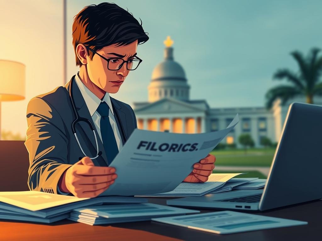 A conceptual illustration depicting state-level policy pressures on healthcare providers in Florida. In the foreground, a worried healthcare provider in a professional business suit examines documents and policy briefs on a desk, surrounded by medical charts and a laptop. The middle ground features a blurred hospital building with a subtle representation of the Florida state capitol in the background, symbolizing the intertwining of healthcare and governance. Use warm, diffuse lighting to create a tense but focused atmosphere, suggesting urgency and concern. A close-up perspective enhances the emotional impact while ensuring a clean, professional aesthetic. The overall mood should reflect stress and contemplation, emphasizing the impact of state-level disputes on healthcare provision.