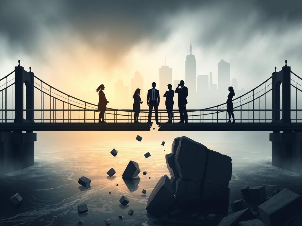 A conceptual illustration of "System Gaps: Stigma, Culture, and Fragmented Support." In the foreground, a broken bridge symbolizes fractured support systems, with pieces falling into a turbulent river below. In the middle, silhouettes of diverse figures in professional attire stand apart, representing stigma and cultural barriers; their expressions are contemplative, embodying isolation. The background features a city skyline shrouded in fog, hinting at systemic issues. The lighting is moody and atmospheric, with subtle shafts of light piercing through the fog, creating a sense of hope amidst the struggle. The overall tone is somber yet reflective, highlighting the complexities of support networks within the community.