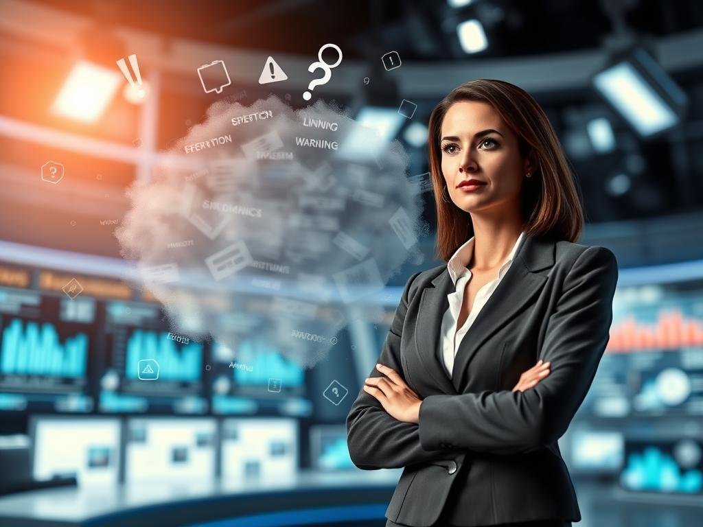 A conceptual image illustrating "Search Intent and Misinformation Signals" related to Allison Vladimir. In the foreground, a poised female figure resembling a TV star in professional business attire stands confidently, surrounded by floating digital symbols like magnifying glasses and question marks. The middle layer features a cloud of fragmented, blurred text snippets representing misinformation, along with icons like exclamation marks and warning triangles to suggest alarm. The background is a softly blurred, modern newsroom setting with screens showing graphs and analytics, bathed in cool blue and white lighting to enhance a high-tech atmosphere. The overall mood is serious yet insightful, inviting viewers to reflect on the complexities of media perception. Use a 35mm lens perspective to create a sense of depth and focus on the foreground figure.