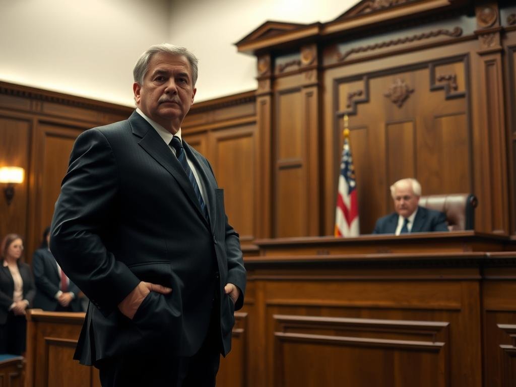 A courtroom scene capturing a moment of self-representation, featuring a middle-aged man in business attire standing confidently before a judge at the bench. His posture conveys determination, while his expression reflects a mix of concentration and self-reliance. The judge, a distinguished woman in formal judicial robes, listens intently, sitting against an ornate wooden backdrop that emphasizes the gravity of the setting. On the left, a small audience observes the proceedings with a sense of intrigue and seriousness. Soft, diffused lighting illuminates the courtroom, creating a warm yet authoritative atmosphere. The angle captures a slightly elevated viewpoint, enhancing the importance of the self-representation theme. The overall mood embodies the complexities of legal independence and the Faretta inquiry considerations, focusing on empowerment and self-advocacy within the judicial system. A courtroom scene capturing a moment of self-representation, featuring a middle-aged man in business attire standing confidently before a judge at the bench. His posture conveys determination, while his expression reflects a mix of concentration and self-reliance. The judge, a distinguished woman in formal judicial robes, listens intently, sitting against an ornate wooden backdrop that emphasizes the gravity of the setting. On the left, a small audience observes the proceedings with a sense of intrigue and seriousness. Soft, diffused lighting illuminates the courtroom, creating a warm yet authoritative atmosphere. The angle captures a slightly elevated viewpoint, enhancing the importance of the self-representation theme. The overall mood embodies the complexities of legal independence and the Faretta inquiry considerations, focusing on empowerment and self-advocacy within the judicial system.