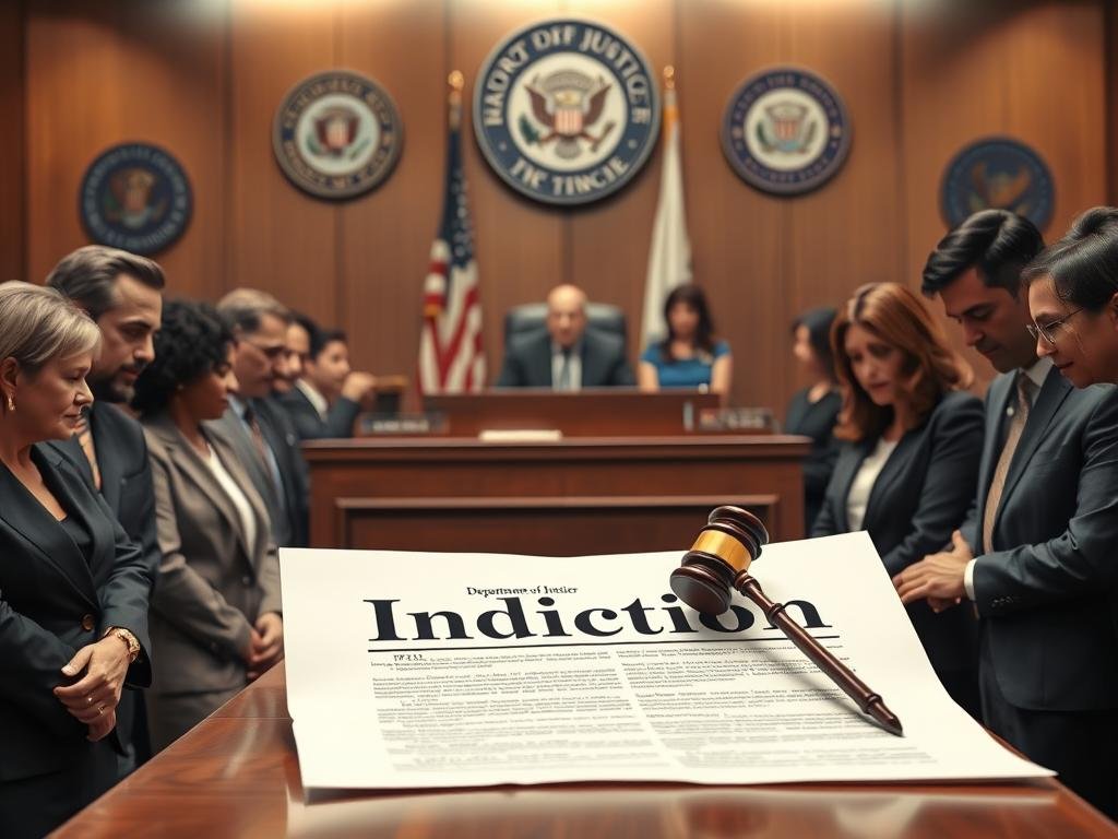 A courtroom scene depicting a Department of Justice (DOJ) indictment with a central focus on a large, official-looking document labeled "Indictment." In the foreground, a diverse group of professional individuals in business attire review the document with serious expressions, conveying the gravity of federal investigations. In the middle ground, a sleek wooden courtroom bench and traditional gavel set the legal context, with flags and a judge’s robe subtly placed nearby. The background features a faded image of federal agency logos, like the FBI and SEC, symbolizing the collaboration in the investigation. The lighting is dramatic, casting shadows that enhance the atmosphere of tension and seriousness, echoing the weight of the charges discussed. The angle is slightly elevated, providing a comprehensive view of the tableau. A courtroom scene depicting a Department of Justice (DOJ) indictment with a central focus on a large, official-looking document labeled "Indictment." In the foreground, a diverse group of professional individuals in business attire review the document with serious expressions, conveying the gravity of federal investigations. In the middle ground, a sleek wooden courtroom bench and traditional gavel set the legal context, with flags and a judge’s robe subtly placed nearby. The background features a faded image of federal agency logos, like the FBI and SEC, symbolizing the collaboration in the investigation. The lighting is dramatic, casting shadows that enhance the atmosphere of tension and seriousness, echoing the weight of the charges discussed. The angle is slightly elevated, providing a comprehensive view of the tableau.