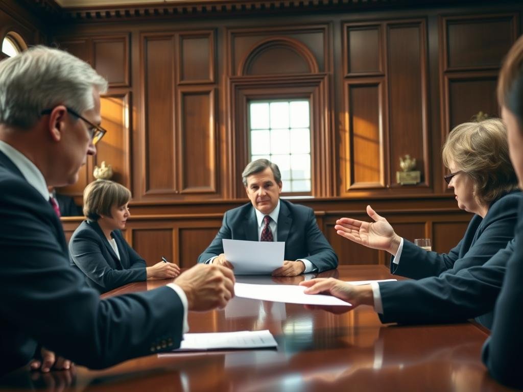 A courtroom scene showcasing John Barrineau’s plea deal negotiation, with a focus on a middle-aged man in a professional suit seated at a wooden table. He is surrounded by lawyers wearing formal attire, discussing legal documents. In the foreground, a clear view of hands exchanging a signed agreement. The middle ground features a serious atmosphere, with gestures emphasizing cooperation. The background depicts a richly detailed courtroom with wooden paneling and sunlight filtering through tall windows, creating a warm yet somber mood. Use soft lighting to emphasize the tension and importance of the moment, capturing the essence of justice and accountability. The scene should reflect a professional setting without any distractions, avoiding text or overlay. A courtroom scene showcasing John Barrineau’s plea deal negotiation, with a focus on a middle-aged man in a professional suit seated at a wooden table. He is surrounded by lawyers wearing formal attire, discussing legal documents. In the foreground, a clear view of hands exchanging a signed agreement. The middle ground features a serious atmosphere, with gestures emphasizing cooperation. The background depicts a richly detailed courtroom with wooden paneling and sunlight filtering through tall windows, creating a warm yet somber mood. Use soft lighting to emphasize the tension and importance of the moment, capturing the essence of justice and accountability. The scene should reflect a professional setting without any distractions, avoiding text or overlay.