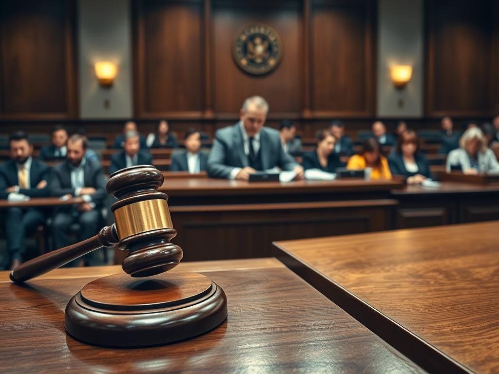 A courtroom setting focused on the Penalty Phase Findings and Sentencing. In the foreground, a gavel rests on a polished wooden bench, symbolizing justice. The middle ground features a solemn judge in professional attire, with a serious expression, as they review documents. Two attorneys, also in professional business attire, are engaged in discussion at their tables. The background shows rows of seats filled with somber spectators, creating an atmosphere of tension and anticipation. Soft, focused lighting illuminates the judge's bench, while darker shadows envelop the rest of the courtroom, enhancing the gravity of the moment. The entire scene is captured from a slightly elevated angle, providing a comprehensive view of the proceedings.