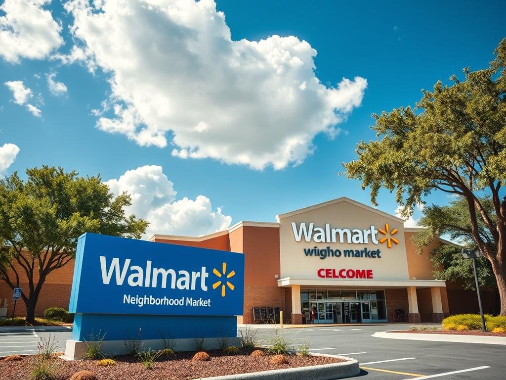 A detailed depiction of a Walmart Neighborhood Market sign at the former Bealls location in Milton, Florida. The foreground features a new Walmart sign prominently displaying the brand colors, situated in front of the store's entrance, with landscaping and illuminated parking spots. In the middle ground, the exterior of the building is visible, showcasing architectural features typical of Walmart Neighborhood Markets, like large windows and bright signage. The background shows a clear blue sky with fluffy white clouds, and nearby trees providing shade. The angle is slightly tilted upward to capture the building from a welcoming perspective, emphasizing a sunny afternoon vibe. The overall mood is optimistic and community-focused, highlighting the fresh start of this new grocery market location. A detailed depiction of a Walmart Neighborhood Market sign at the former Bealls location in Milton, Florida. The foreground features a new Walmart sign prominently displaying the brand colors, situated in front of the store's entrance, with landscaping and illuminated parking spots. In the middle ground, the exterior of the building is visible, showcasing architectural features typical of Walmart Neighborhood Markets, like large windows and bright signage. The background shows a clear blue sky with fluffy white clouds, and nearby trees providing shade. The angle is slightly tilted upward to capture the building from a welcoming perspective, emphasizing a sunny afternoon vibe. The overall mood is optimistic and community-focused, highlighting the fresh start of this new grocery market location.