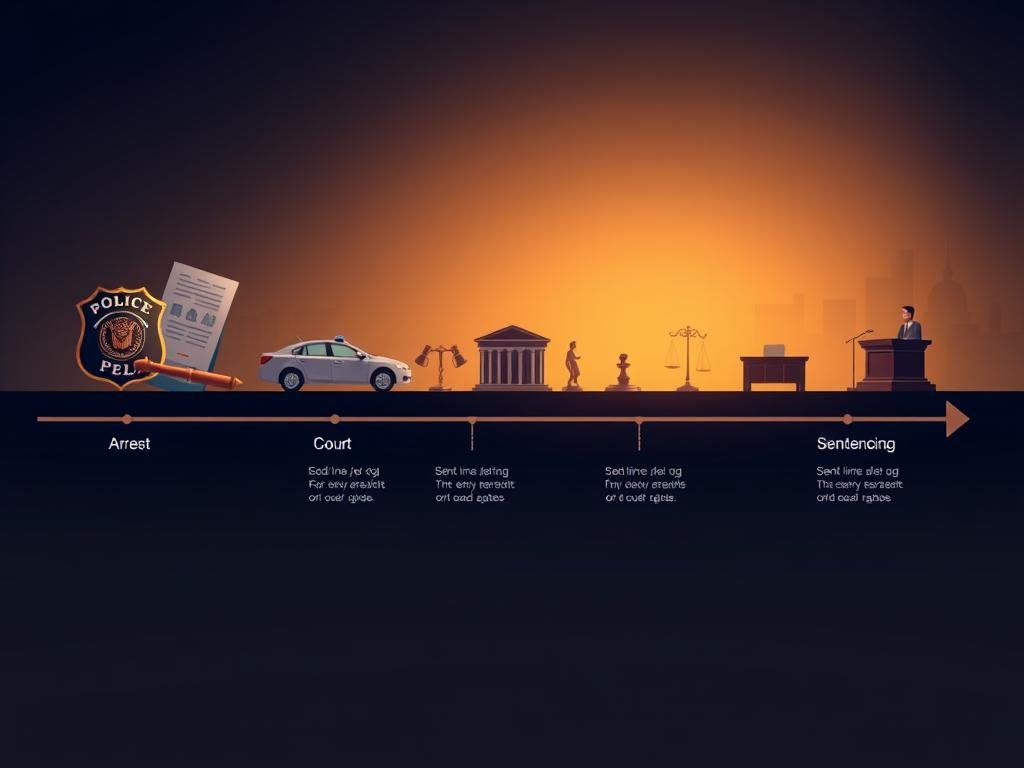 A detailed illustration of a timeline depicting the journey from arrest to guilty plea and sentencing, set against a soft gradient background transitioning from dark to light. In the foreground, prominent visual markers like a police badge, gavel, and legal documents symbolize the criminal justice process. The middle layer features a series of icons representing each stage: a police car for the arrest, a courtroom for the plea, and a judge's bench for sentencing—each connected by arrows indicating progression. In the background, a subtle cityscape silhouette is visible, hinting at a legal atmosphere. The lighting is warm and inviting, creating a sense of resolution, with a slight focus blur on the background. The overall mood is somber yet hopeful, emphasizing the seriousness of the journey while hinting at growth and redemption. A detailed illustration of a timeline depicting the journey from arrest to guilty plea and sentencing, set against a soft gradient background transitioning from dark to light. In the foreground, prominent visual markers like a police badge, gavel, and legal documents symbolize the criminal justice process. The middle layer features a series of icons representing each stage: a police car for the arrest, a courtroom for the plea, and a judge's bench for sentencing—each connected by arrows indicating progression. In the background, a subtle cityscape silhouette is visible, hinting at a legal atmosphere. The lighting is warm and inviting, creating a sense of resolution, with a slight focus blur on the background. The overall mood is somber yet hopeful, emphasizing the seriousness of the journey while hinting at growth and redemption.