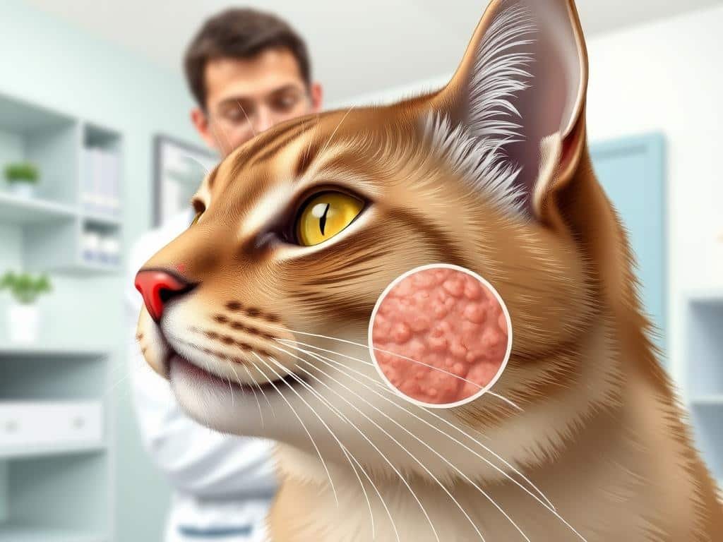 A detailed veterinary illustration showing a comparison of an indolent ulcer and other eosinophilic granuloma complex (EGC) lesions in a cat. In the foreground, a close-up of a cat's face, revealing an indolent ulcer on the lip, displaying a slightly swollen, irritated area with glossy, red edges. Beside it, a clear depiction of other EGC lesions such as a raised, bumpy plaque on the skin. In the middle ground, a veterinary professional, dressed in a white lab coat, examines the cat with a focused expression. The background features a softly blurred veterinary clinic environment, emphasizing a clean and professional atmosphere with soft, natural lighting for clarity. The mood is informative and clinical, focusing on understanding and differentiating feline skin lesions.