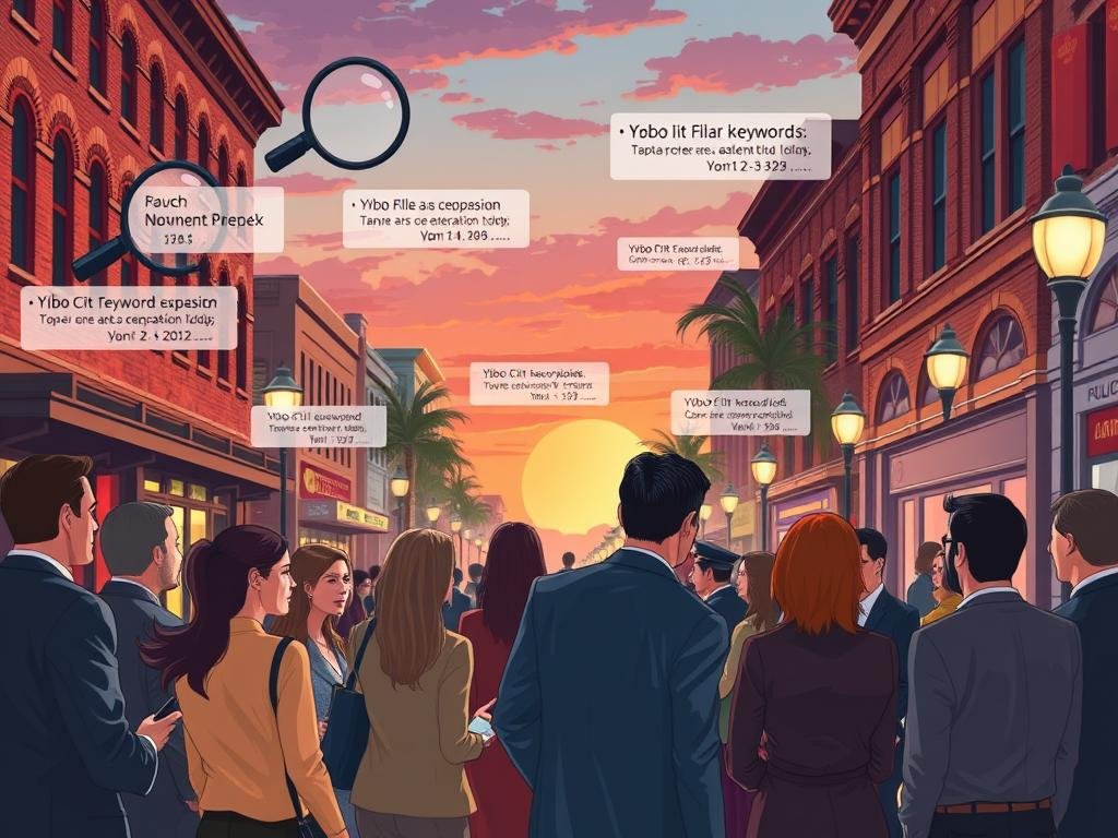 A digital illustration depicting a vibrant scene in Ybor City, Tampa, reflecting search interest and news keywords. In the foreground, a diverse group of professionals in business attire are engaged in a discussion, surrounded by floating visual elements like magnifying glasses, symbolic keywords, and news headlines related to local events. The middle ground features iconic Ybor City architecture, like brick buildings and street lamps, with subtle hints of police activity, suggesting recent events without escalating the scene's tension. The background fades into a sunset, casting warm hues of orange and pink, adding a sense of urgency and intrigue. The atmosphere is charged with curiosity and community engagement, illuminated by soft street lights highlighting the details of the cityscape. A digital illustration depicting a vibrant scene in Ybor City, Tampa, reflecting search interest and news keywords. In the foreground, a diverse group of professionals in business attire are engaged in a discussion, surrounded by floating visual elements like magnifying glasses, symbolic keywords, and news headlines related to local events. The middle ground features iconic Ybor City architecture, like brick buildings and street lamps, with subtle hints of police activity, suggesting recent events without escalating the scene's tension. The background fades into a sunset, casting warm hues of orange and pink, adding a sense of urgency and intrigue. The atmosphere is charged with curiosity and community engagement, illuminated by soft street lights highlighting the details of the cityscape.