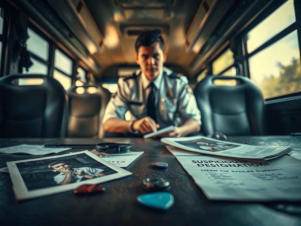 A dimly lit, interior bus scene, capturing an atmosphere of tension and intrigue. In the foreground, there's a table scattered with various pieces of evidence: a faded photograph of a musician, a discarded guitar pick, and documents with the words "Suspicious Designation" prominently displayed. The middle ground features a police officer in professional attire, closely examining the evidence with a serious expression. In the background, shadows hint at the bus's interior, where the seats are slightly askew, suggesting a hasty departure. The lighting is moody, with a focus on cooler tones, enhancing the sense of mystery. The angle is slightly tilted, creating an unnerving yet captivating perspective that draws the viewer in. A dimly lit, interior bus scene, capturing an atmosphere of tension and intrigue. In the foreground, there's a table scattered with various pieces of evidence: a faded photograph of a musician, a discarded guitar pick, and documents with the words "Suspicious Designation" prominently displayed. The middle ground features a police officer in professional attire, closely examining the evidence with a serious expression. In the background, shadows hint at the bus's interior, where the seats are slightly askew, suggesting a hasty departure. The lighting is moody, with a focus on cooler tones, enhancing the sense of mystery. The angle is slightly tilted, creating an unnerving yet captivating perspective that draws the viewer in.