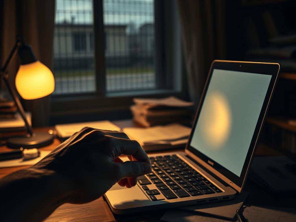 A dimly lit office space with a desk covered in scattered papers and an open laptop displaying an empty email draft. In the foreground, a hand is reaching towards the keyboard, poised to type, emphasizing hesitation and contemplation. Soft, warm light from a desk lamp casts gentle shadows, creating an intimate and reflective atmosphere. In the middle ground, a stack of letters, some sealed and others opened, suggest the weight of communication with someone on death row. The background features a blurred window with the faint outline of a prison yard, hinting at isolation. The color palette is muted with earthy tones, evoking a somber mood. The scene captures a moment of pause, reflecting the complexity of emotions involved in writing to a death row inmate.