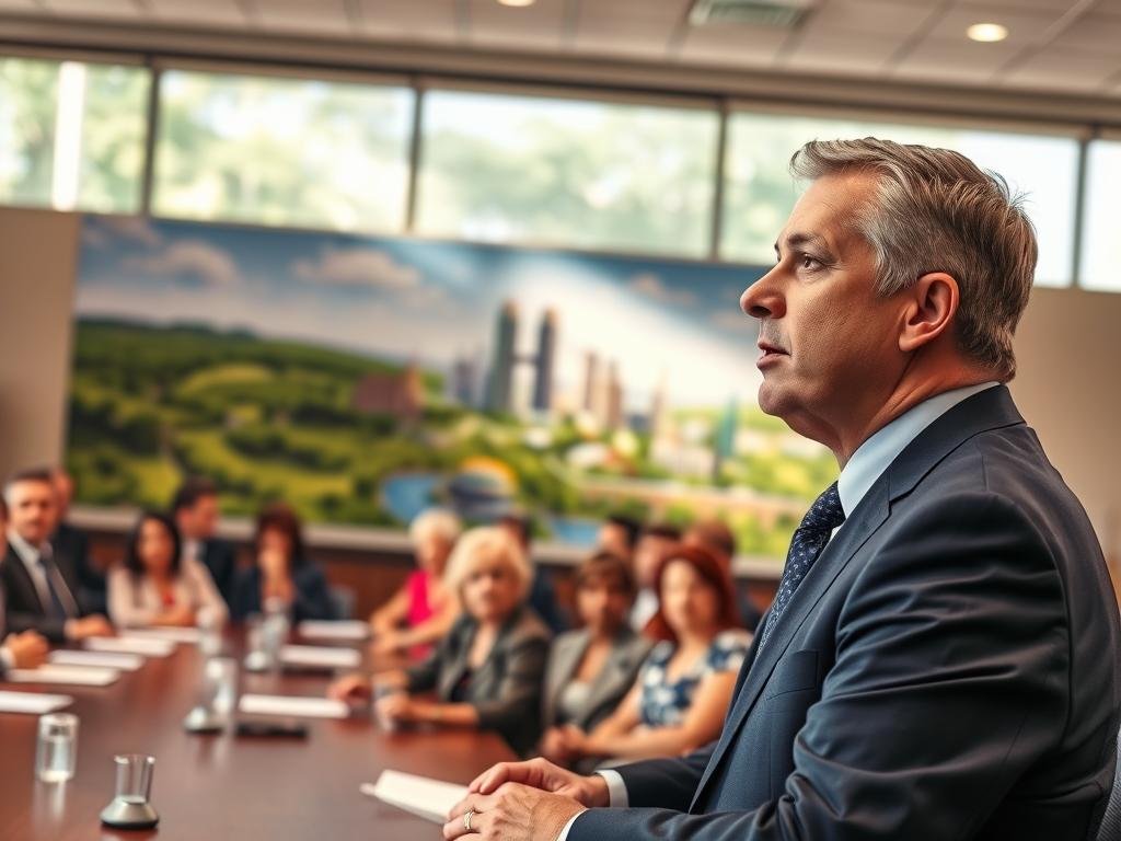 A distinguished city council meeting scene depicting an influential figure engaged in public service, representing "Temple Terrace Tenure and Public Service Impact." In the foreground, a middle-aged man with short, neatly combed hair, wearing a smart navy suit and tie, is passionately addressing a diverse audience of citizens seated at a long table. The middle section features a beautiful city mural showcasing landmarks of Temple Terrace, with lush greenery and clear blue skies, symbolizing progress and community spirit. In the background, large windows flood the room with warm daylight, creating an inspiring and hopeful atmosphere. The camera angle is slightly elevated, capturing the dynamic interaction between the speaker and the captivated audience, emphasizing a sense of unity and purpose in public service. A distinguished city council meeting scene depicting an influential figure engaged in public service, representing "Temple Terrace Tenure and Public Service Impact." In the foreground, a middle-aged man with short, neatly combed hair, wearing a smart navy suit and tie, is passionately addressing a diverse audience of citizens seated at a long table. The middle section features a beautiful city mural showcasing landmarks of Temple Terrace, with lush greenery and clear blue skies, symbolizing progress and community spirit. In the background, large windows flood the room with warm daylight, creating an inspiring and hopeful atmosphere. The camera angle is slightly elevated, capturing the dynamic interaction between the speaker and the captivated audience, emphasizing a sense of unity and purpose in public service.