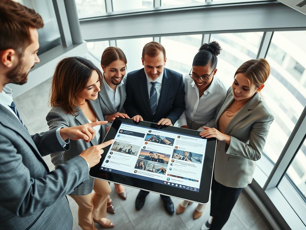 A diverse group of professionals, dressed in business attire, gathered around a large tablet, analyzing social media feeds related to an ongoing investigation. In the foreground, two individuals point at trending hashtags while another gestures thoughtfully, emphasizing collaboration. In the middle, the tablet screen displays various social media platforms filled with posts and images pertinent to the case, surrounded by digital icons representing likes and shares. The background features a sleek, modern office with large windows allowing natural light to illuminate the scene, creating a bright and focused atmosphere. The mood is one of urgency and determination, highlighting the critical role of social media in the investigation. The composition should capture a dynamic angle from slightly above, showing the interaction among the group while focusing on the tablet. A diverse group of professionals, dressed in business attire, gathered around a large tablet, analyzing social media feeds related to an ongoing investigation. In the foreground, two individuals point at trending hashtags while another gestures thoughtfully, emphasizing collaboration. In the middle, the tablet screen displays various social media platforms filled with posts and images pertinent to the case, surrounded by digital icons representing likes and shares. The background features a sleek, modern office with large windows allowing natural light to illuminate the scene, creating a bright and focused atmosphere. The mood is one of urgency and determination, highlighting the critical role of social media in the investigation. The composition should capture a dynamic angle from slightly above, showing the interaction among the group while focusing on the tablet.