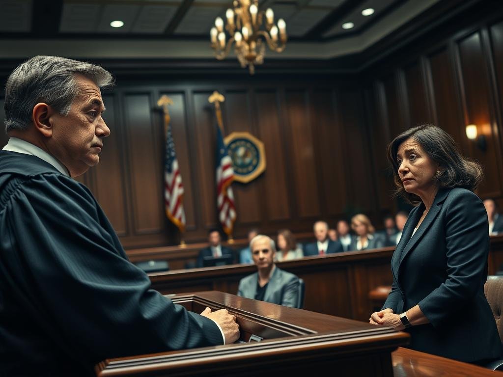 A dramatic courtroom scene set in a Florida judicial building, capturing the tension of a murder trial. In the foreground, a serious yet composed judge presides over the proceedings, dressed in formal robes. To the side, a solemn survivor in modest business attire reflects on their experience, exhibiting a mix of resilience and pain. In the middle ground, a group of attentive jurors is seated, their expressions indicating deep contemplation. The background showcases a traditional courtroom with wooden panels, an American flag, and symbolic scales of justice. The lighting is dim, with focused spotlights illuminating the judge and the survivor, creating a somber and reflective atmosphere that conveys the weight of the trial and its historical context. The angle is a slight upward tilt, enhancing the gravity of the courtroom drama.