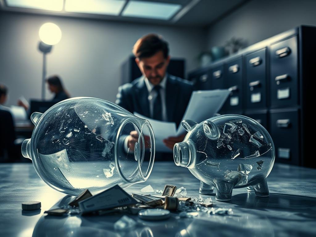 A dramatic scene depicting the aftermath of a financial scandal related to bankruptcy fallout. In the foreground, an oversized, shattered glass piggy bank symbolizes lost wealth, its fragments scattered across a marble surface. In the middle ground, a professional man in business attire examines financial paperwork with a troubled expression, hinting at the missing funds. The background features a dimly lit office with shadowy silhouettes of filing cabinets and a flickering overhead light, suggesting tension and unease. The color palette is dark and moody, with deep blues and grays contrasted by the stark white of the paperwork, creating a somber atmosphere. The focus is sharp on the foreground elements, with a shallow depth of field blurring the background, emphasizing the sense of chaos and urgency in the scene. A dramatic scene depicting the aftermath of a financial scandal related to bankruptcy fallout. In the foreground, an oversized, shattered glass piggy bank symbolizes lost wealth, its fragments scattered across a marble surface. In the middle ground, a professional man in business attire examines financial paperwork with a troubled expression, hinting at the missing funds. The background features a dimly lit office with shadowy silhouettes of filing cabinets and a flickering overhead light, suggesting tension and unease. The color palette is dark and moody, with deep blues and grays contrasted by the stark white of the paperwork, creating a somber atmosphere. The focus is sharp on the foreground elements, with a shallow depth of field blurring the background, emphasizing the sense of chaos and urgency in the scene.