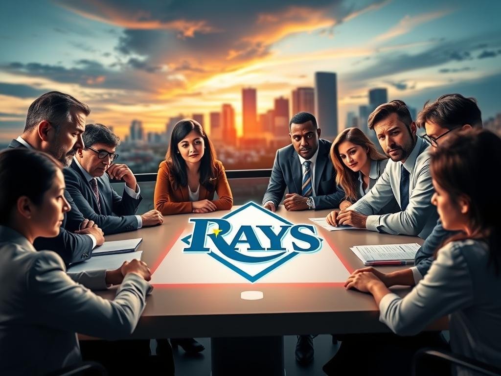 A dramatic scene depicting the impact of the Wander Franco case on the Tampa Bay Rays and the Major League Baseball landscape. In the foreground, a group of diverse figures dressed in professional business attire, discussing strategies and statistics around a conference table, showcasing urgency and concern. In the middle, a stylized digital representation of the Tampa Bay Rays logo and a baseball field, illustrating the team's connection to the city and the sport. In the background, a skyline of Tampa with a sunset sky, indicating a pivotal moment. The mood is tense yet determined, with warm lighting highlighting the faces of the individuals. The perspective is from a slightly elevated angle, capturing both the figures and the dynamic backdrop. A dramatic scene depicting the impact of the Wander Franco case on the Tampa Bay Rays and the Major League Baseball landscape. In the foreground, a group of diverse figures dressed in professional business attire, discussing strategies and statistics around a conference table, showcasing urgency and concern. In the middle, a stylized digital representation of the Tampa Bay Rays logo and a baseball field, illustrating the team's connection to the city and the sport. In the background, a skyline of Tampa with a sunset sky, indicating a pivotal moment. The mood is tense yet determined, with warm lighting highlighting the faces of the individuals. The perspective is from a slightly elevated angle, capturing both the figures and the dynamic backdrop.