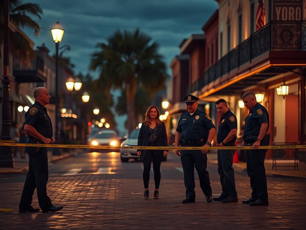 A dramatic street scene in Ybor City, Tampa, captured at dusk with a moody atmosphere. In the foreground, a police cordon with officers in professional attire, examining evidence on the ground, showcasing their focused expressions. In the middle ground, a couple of onlookers, dressed in casual but modest clothing, appear concerned, adding a layer of tension. The background features historic Ybor City architecture, with soft glowing streetlights illuminating the cobblestone streets. The scene has an eerie calmness juxtaposed with the urgency of the police activity. Use a wide-angle lens to capture the depth of the scene, with soft, diffused lighting to enhance the somber mood. The image should evoke a sense of unease as the timeline of events unfolds. A dramatic street scene in Ybor City, Tampa, captured at dusk with a moody atmosphere. In the foreground, a police cordon with officers in professional attire, examining evidence on the ground, showcasing their focused expressions. In the middle ground, a couple of onlookers, dressed in casual but modest clothing, appear concerned, adding a layer of tension. The background features historic Ybor City architecture, with soft glowing streetlights illuminating the cobblestone streets. The scene has an eerie calmness juxtaposed with the urgency of the police activity. Use a wide-angle lens to capture the depth of the scene, with soft, diffused lighting to enhance the somber mood. The image should evoke a sense of unease as the timeline of events unfolds.