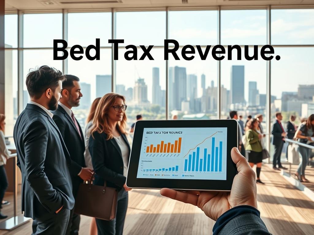 A dynamic and informative scene depicting the concept of "Bed Tax Revenue." In the foreground, a diverse group of professionals in business attire gathers around a digital tablet displaying revenue graphs and charts related to tourism. The middle ground illustrates a bustling hotel lobby with guests checking in and out, showcasing the vibrant tourism industry. In the background, a city skyline features notable landmarks, symbolizing the tourism impact. Natural sunlight filters through large windows, creating a bright and optimistic atmosphere. Use a wide-angle lens for a comprehensive view, capturing both human interactions and the busy hotel environment, while projecting a sense of transparency and collaboration in tracking bed tax revenue.